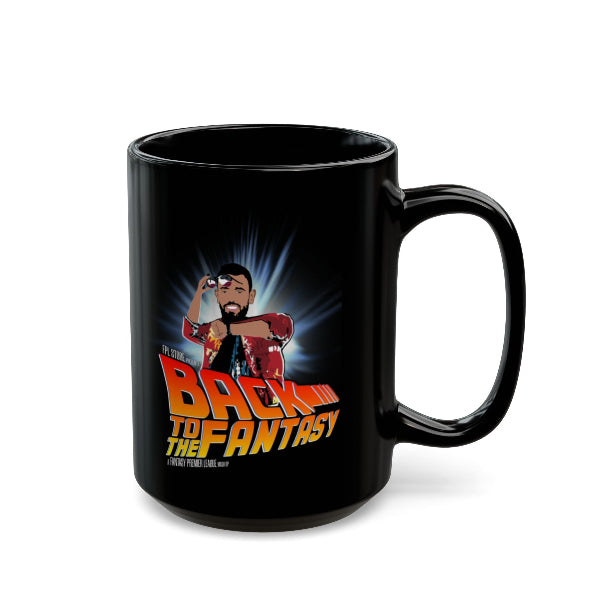Black mug with 'Back to the Fantasy' design featuring a character in a red jacket on a white background
