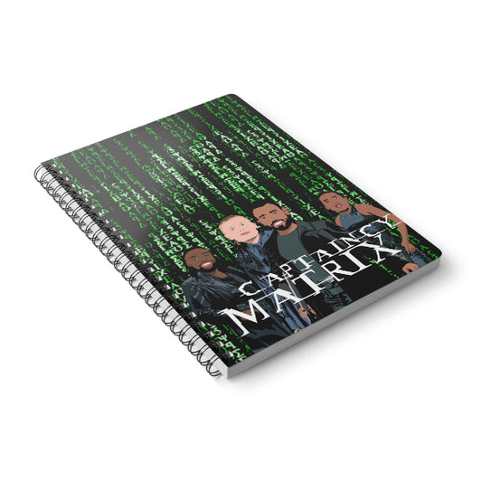Notebook with 'Captain Matrix' design featuring characters and green text on a white background