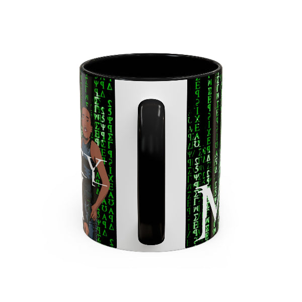 Mug with a design of a person and text on a white background