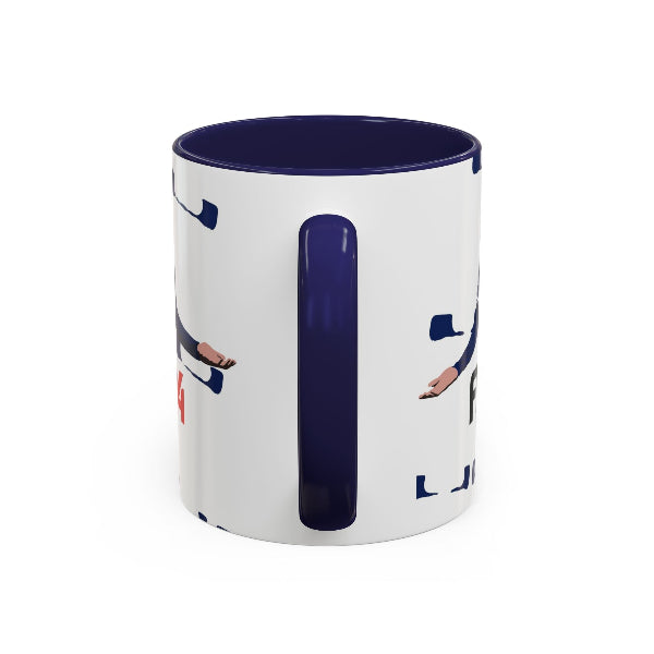 A white ceramic mug with a dark navy blue interior, handle, and vertical graphic print, shown on a plain white background.