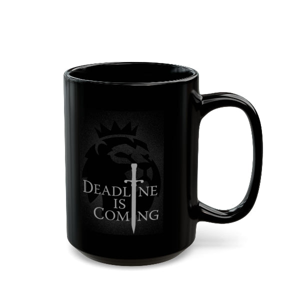 Black mug with a dachshund outline and 'Doxie Mom' text on a white background