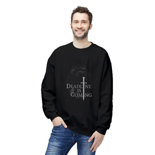 Man wearing a navy blue sweatshirt with text and a ghost graphic on a white background
