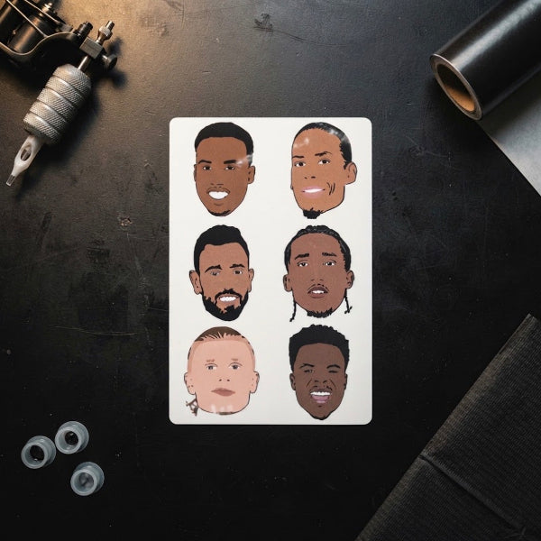 FPL Ballers temporary tattoo sheet with illustrated faces of Gabriel, Haaland, Bruno Fernandes, Saka, van Dijk and Joao Pedro, Fantasy Premier League gift