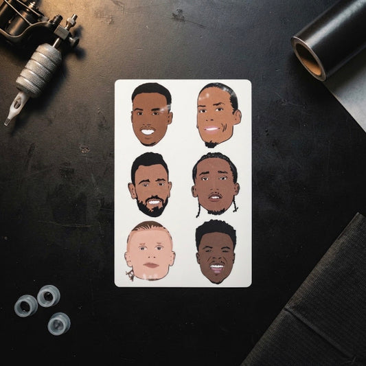 FPL Ballers temporary tattoo sheet with illustrated faces of Gabriel, Haaland, Bruno Fernandes, Saka, van Dijk and Joao Pedro, Fantasy Premier League gift