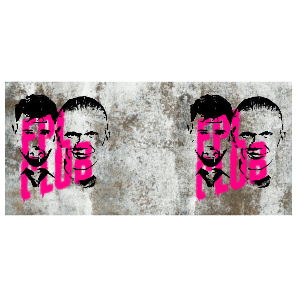 Two identical portraits of a man with a pink logo over his face on a textured background.