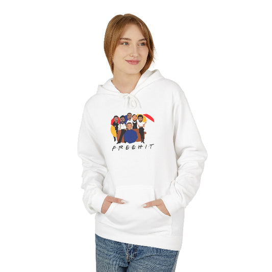 Person wearing a white hoodie with an American flag and truck graphic on a white background