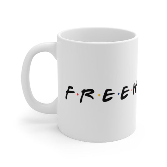White mug with black text on a white background