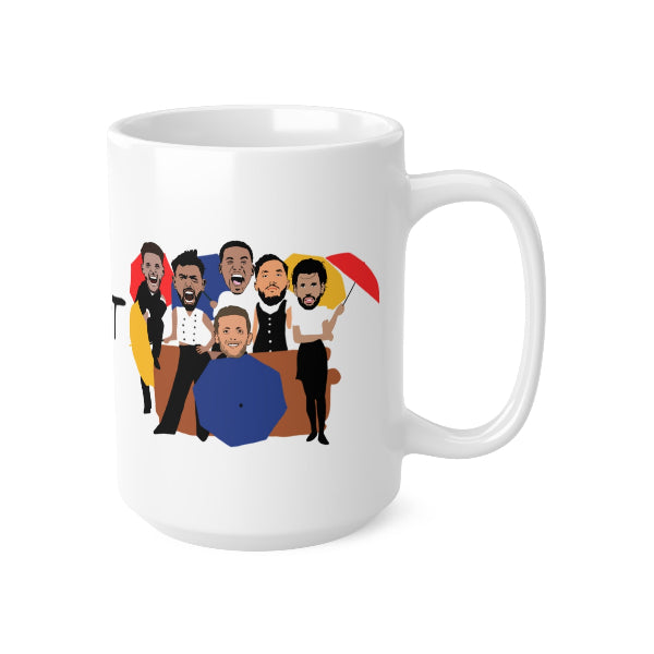 White mug with a graphic of six people on a couch and flags in the background