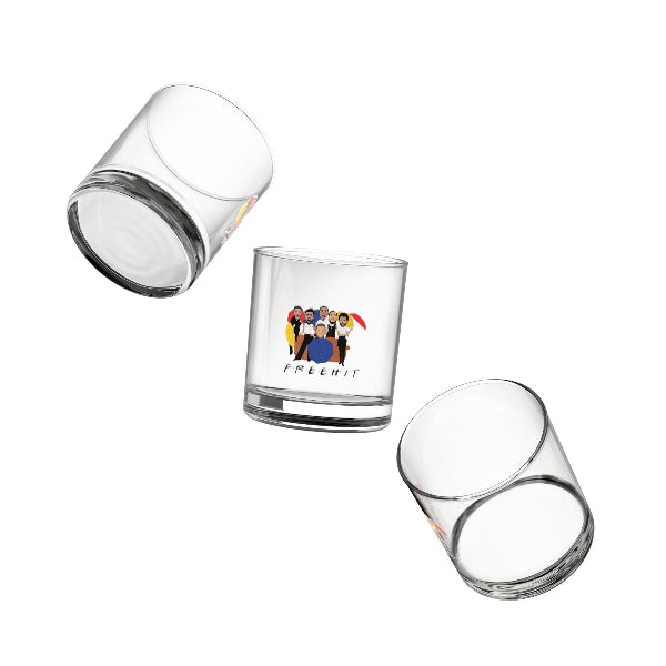 Three clear glass tumblers with different designs on a white background