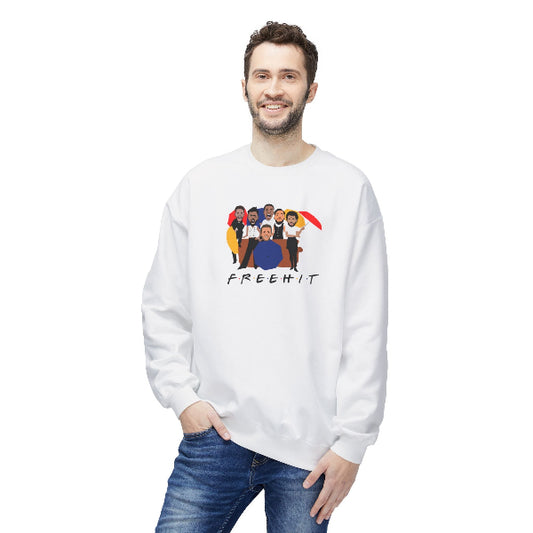 Man wearing a white sweatshirt with a colorful graphic and 'FREEHIT' text on a white background