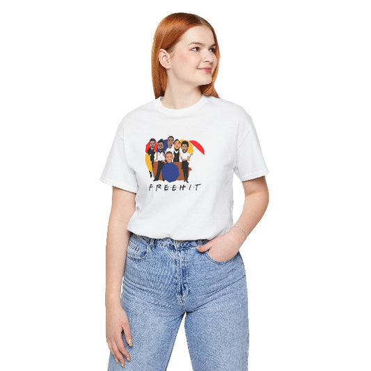 Person wearing a white t-shirt with a graphic design and text, standing against a white background