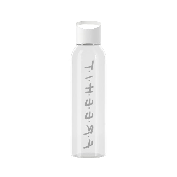 Clear water bottle with white cap on a white background