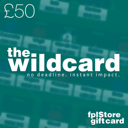 FPL Store gift card with £50 value and 'the wildcard' branding on a teal background.