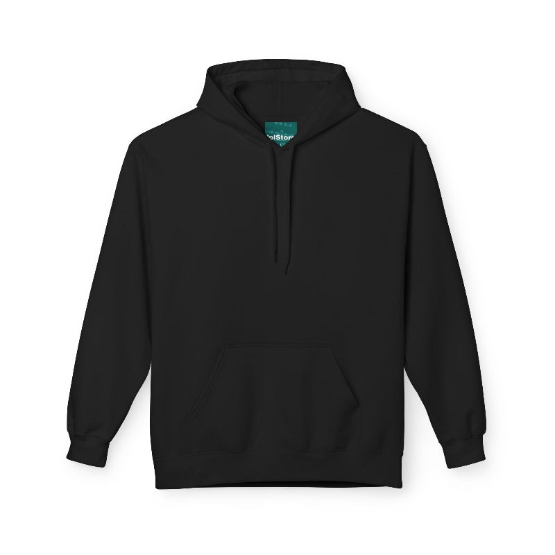 Black hoodie with a visible brand logo on a white background