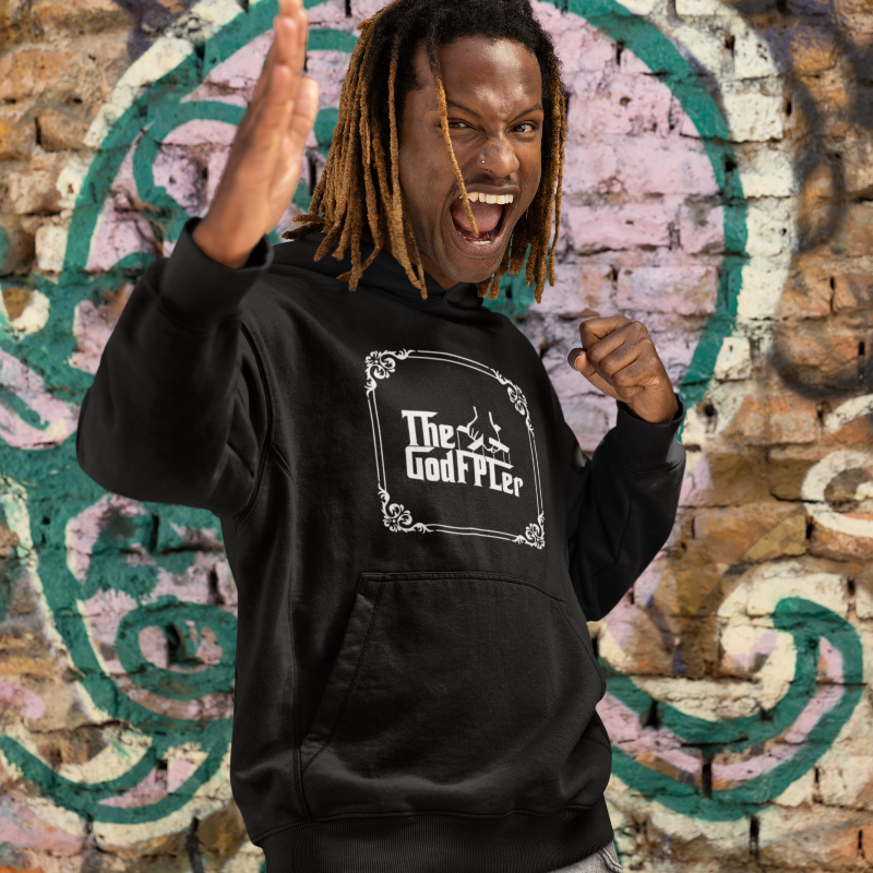 Man wearing a black The GodFPLer hoodie