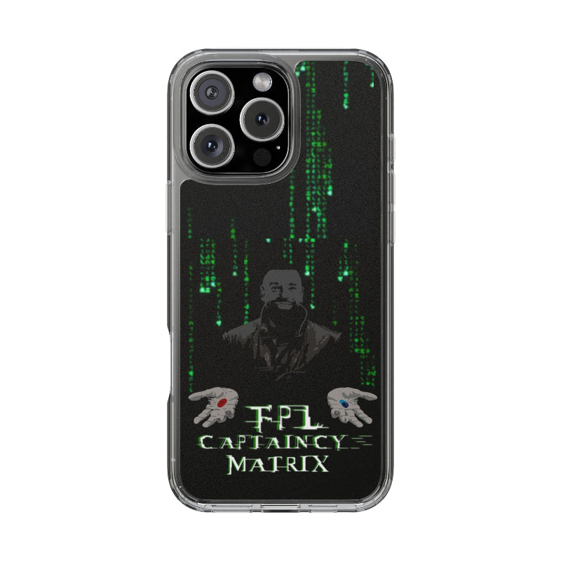 Phone case with Matrix-themed design featuring a character and text on a dark background.