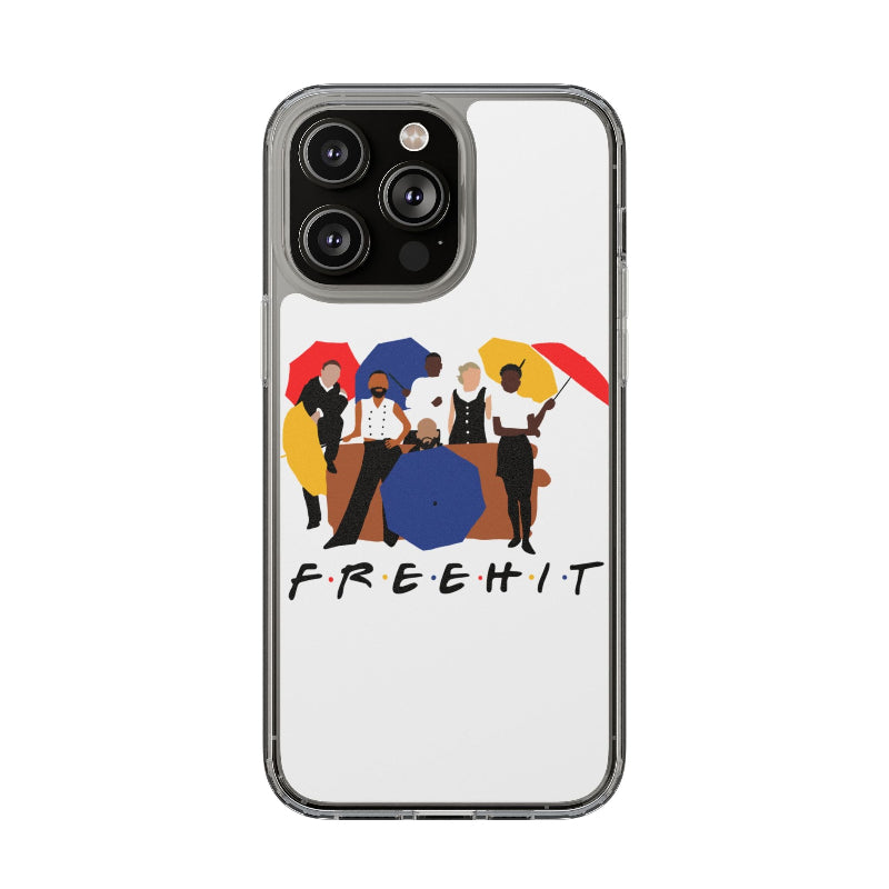Phone case with a graphic of people sitting on a couch and the word 'FREEHIT' on a white background