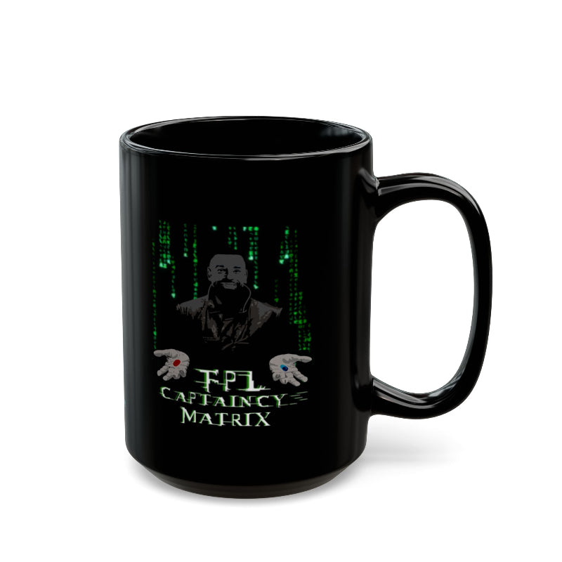 Black mug with a graphic design featuring a character and text on a white background
