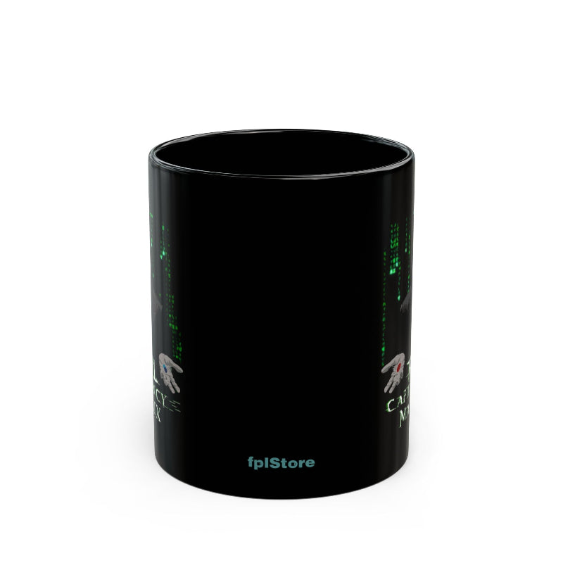 Black mug with text and graphics on a white background