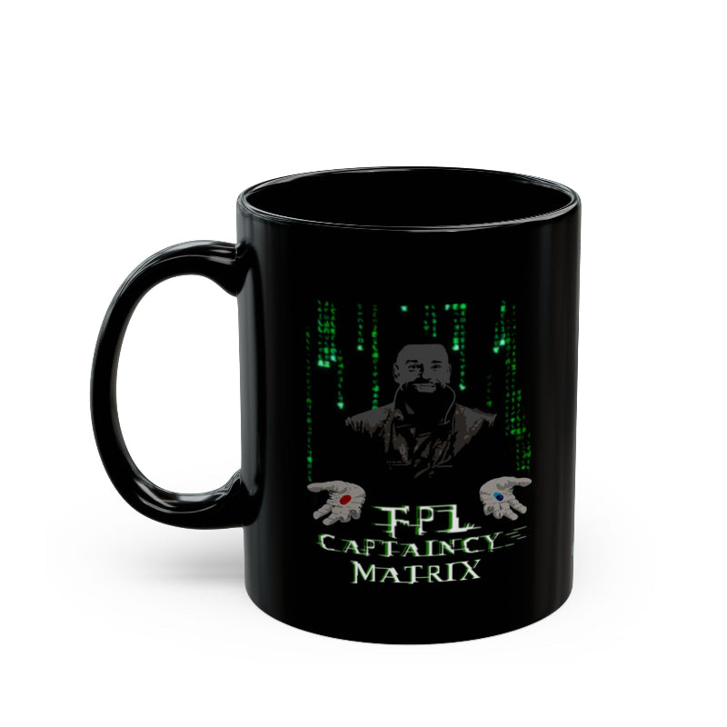 Black mug with a design of a character from a movie, text, and digital code on a white background