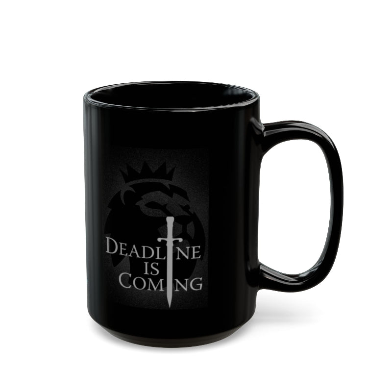 Black mug with 'Deadline is Coming' text and logo on a white background