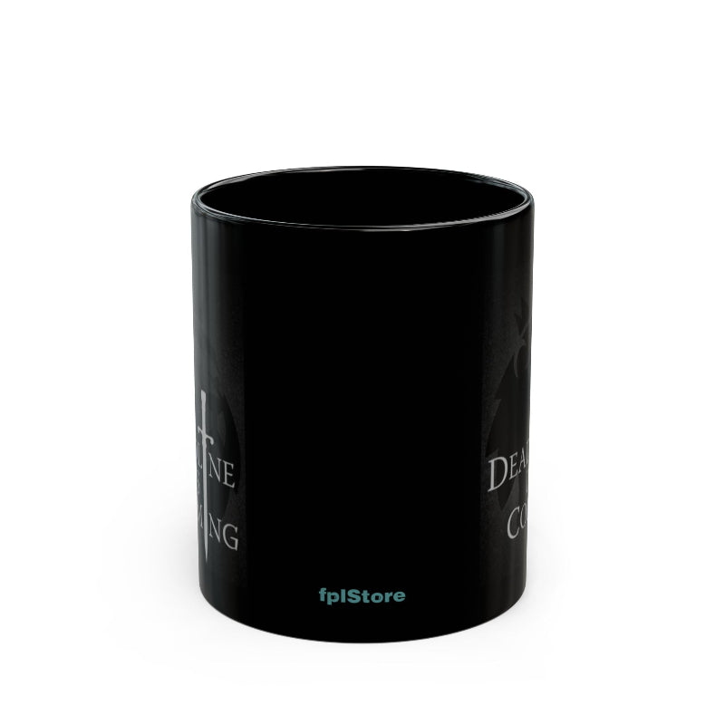 Black mug with text on a white background