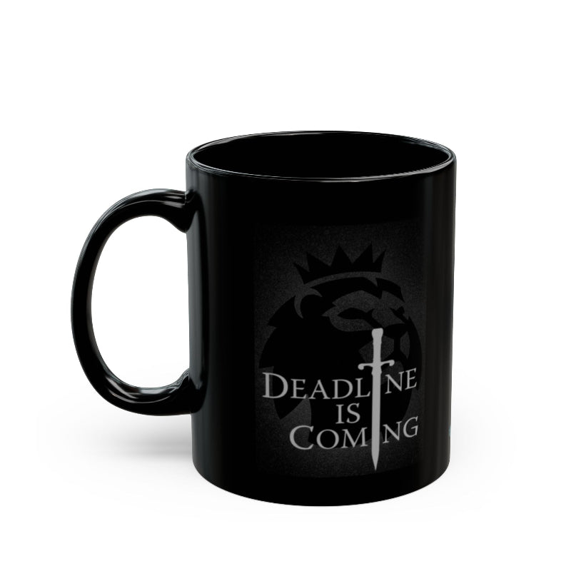 Black mug with 'Deadline is Coming' text and logo on a white background