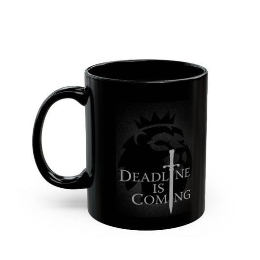 Black mug with 'Deadline is Coming' text and logo on a white background