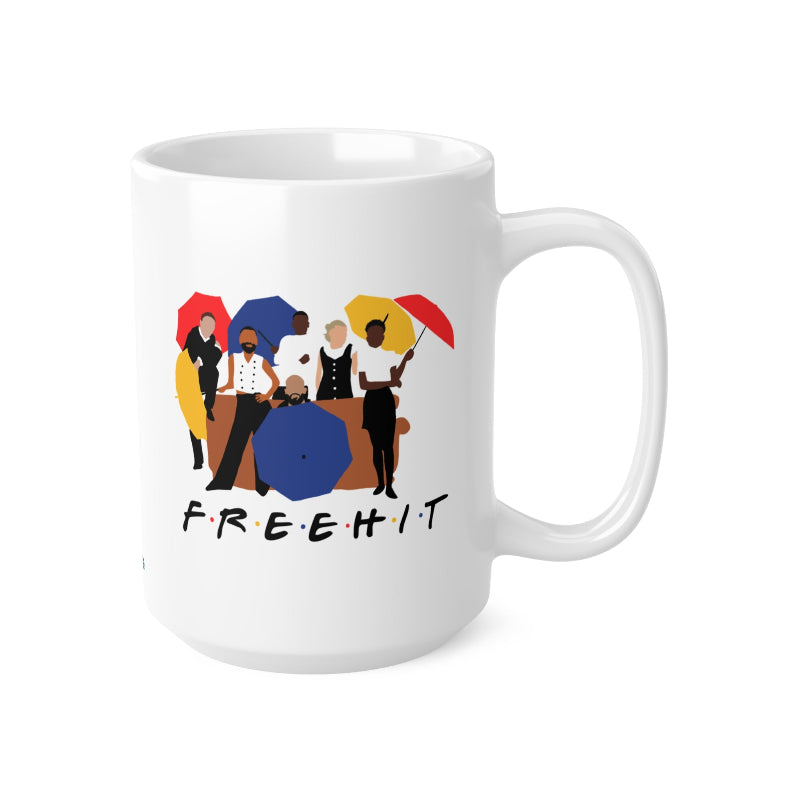 White mug with colorful graphic of people under umbrellas and the text 'FREE HIT' on a white background