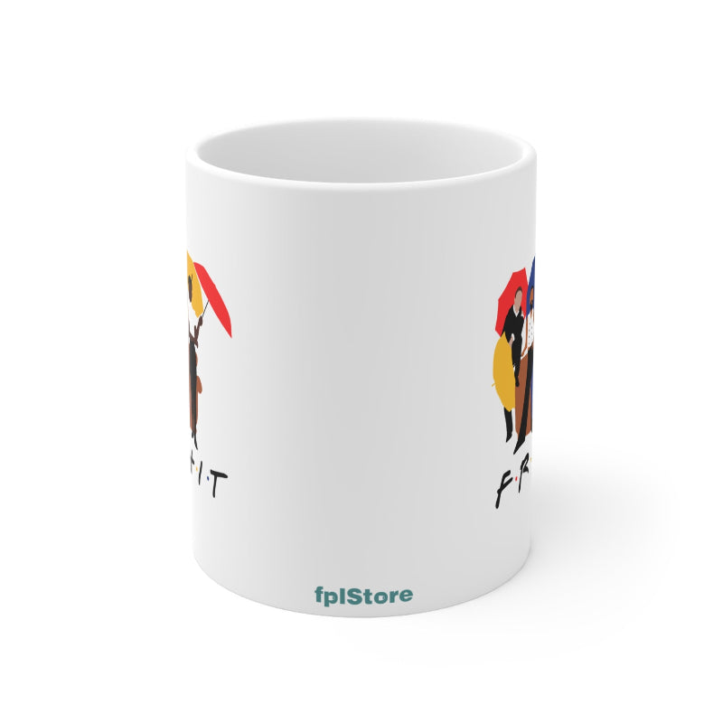 White mug with colorful graphics and text on a white background