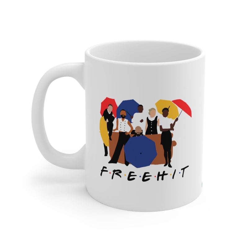 White mug with colorful graphic design and 'FREEHIT' text on a white background