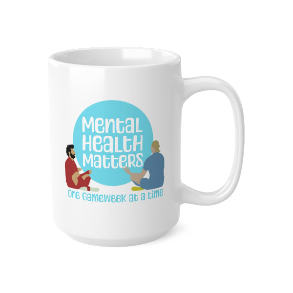 White mug with 'Mental Health Matters' graphic on a white background