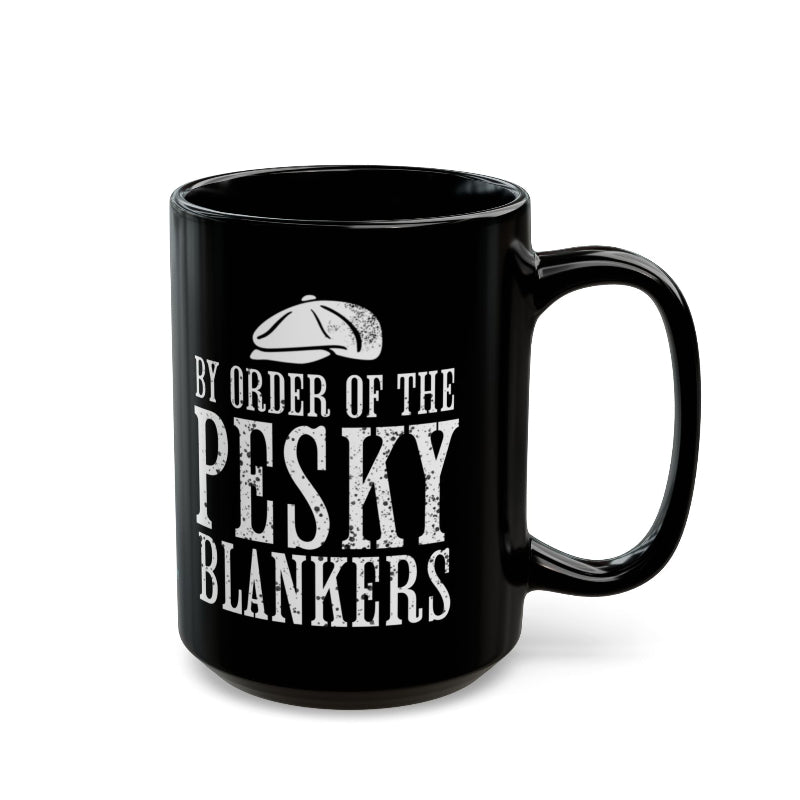 Black mug with white text and graphic on a white background