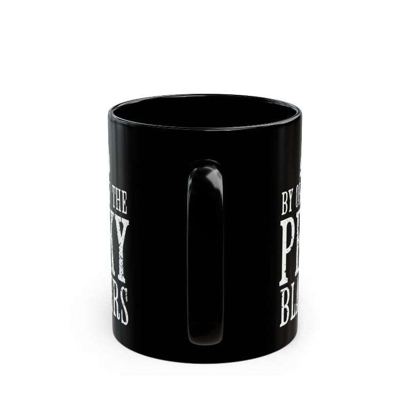 Black mug with white text on a white background