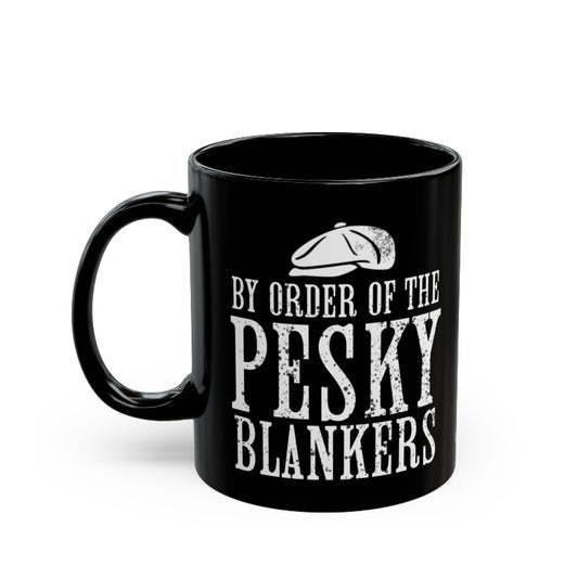Black mug with white text and graphic on a white background
