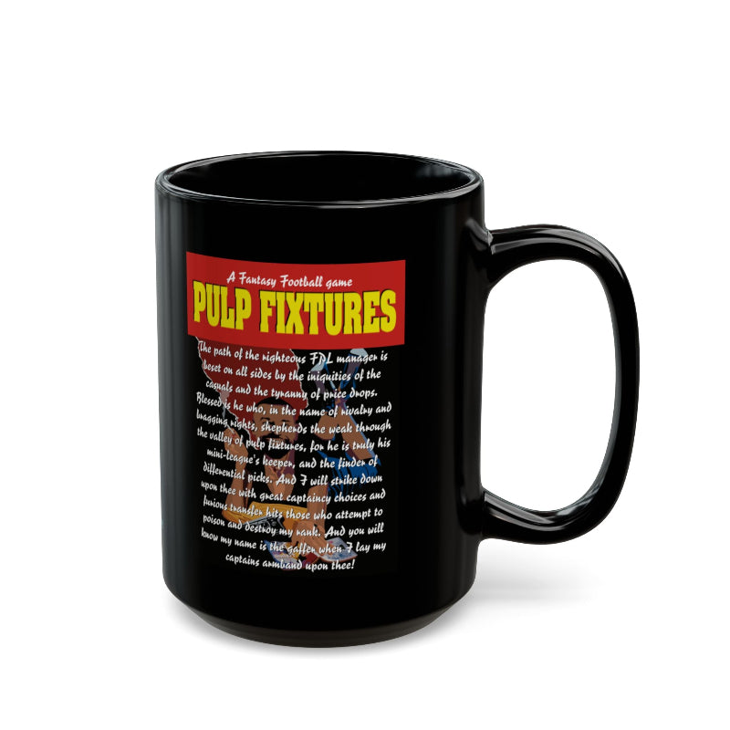 Black mug with text and a red label on a white background