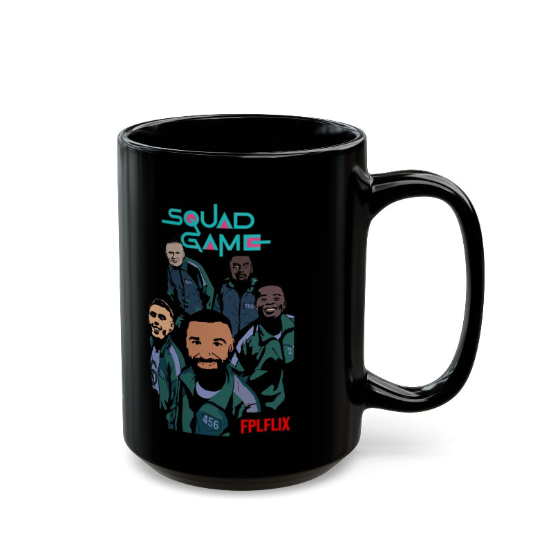 Black mug with 'Squad Game' and 'FPLFLIX' design on a white background