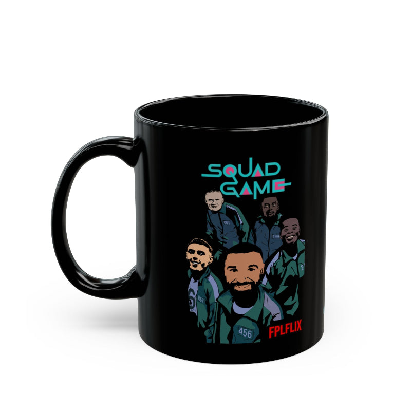 Black mug with colorful graphic of five people and text on a white background