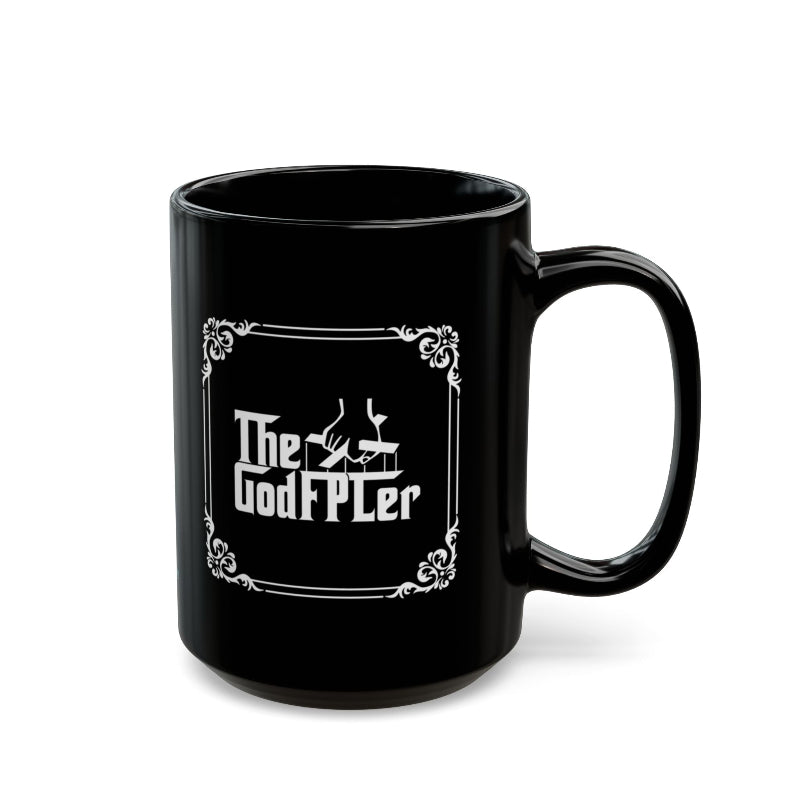 Black mug with 'The GodFPLer' logo on a white background