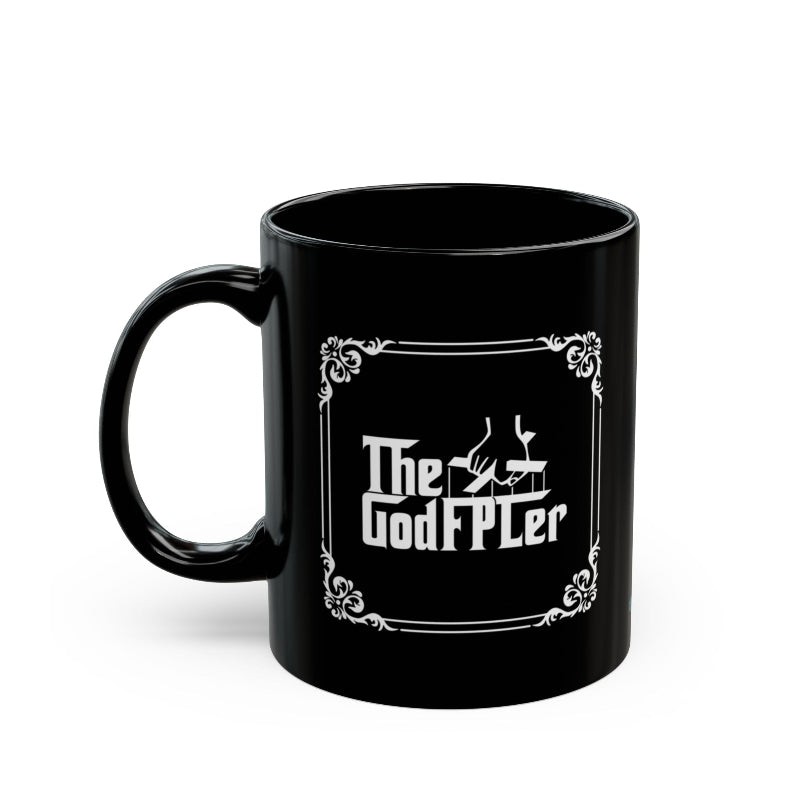 Black mug with 'The GodFPLer' text on a white background