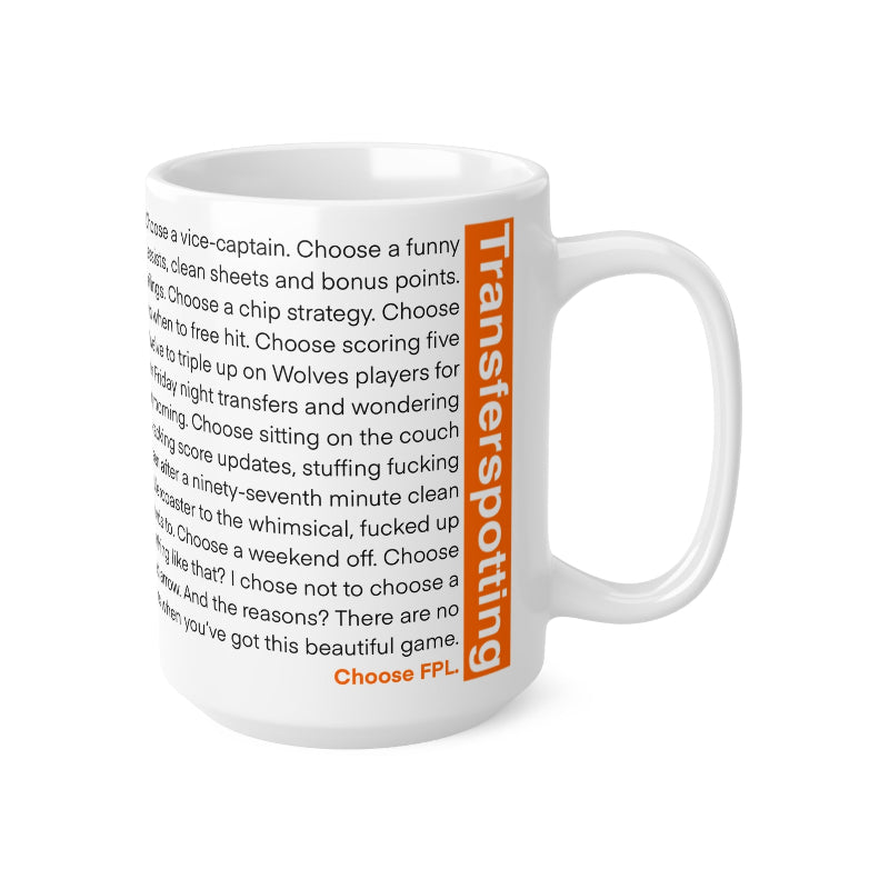 White mug with text and branding on a white background