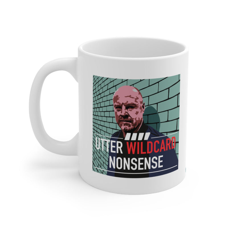 White mug with a graphic design featuring a person and text on a white background