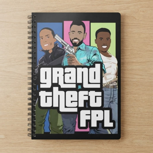 Grand Theft FPL A5 notebook with Bruno Fernandes, Virgil van Dijk and Gabriel as GTA characters, Fantasy Premier League gift