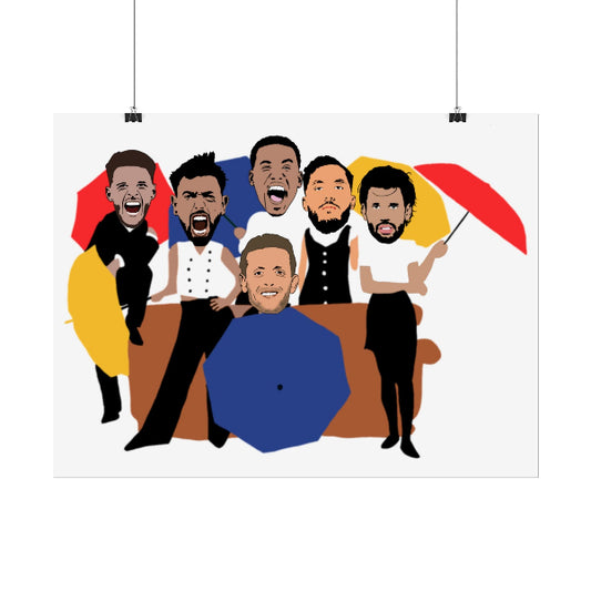 Cartoon illustration of five men on a couch with colorful circles around them