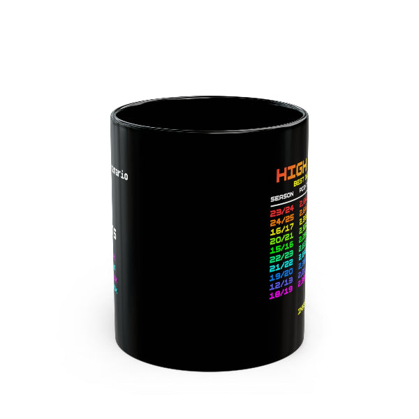 White mug printed with a personalised FPL high-score table showing best overall ranks in rainbow arcade colours