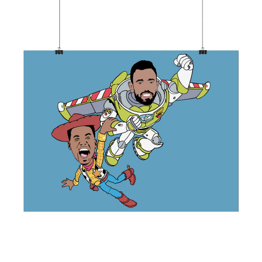 Illustration of a person in Buzz Lightyear costume with Woody on a blue background