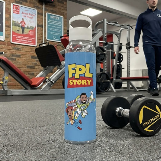 FPL Story water bottle with Bruno Fernandes and Gabriel as Buzz Lightyear and Woody, Fantasy Premier League gift