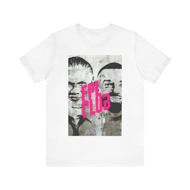 White t-shirt with graphic design and text on a white background