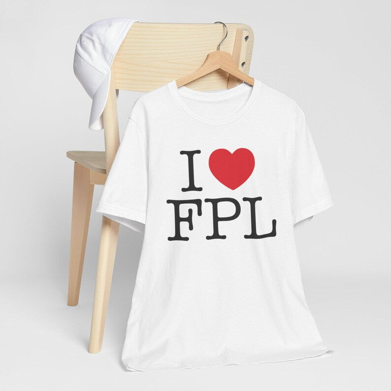 White FPL t-shirt with I Love FPL design inspired by I Love NY