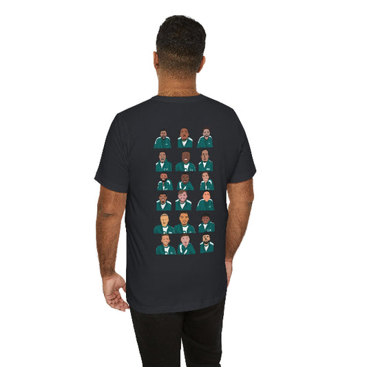 Person wearing a black t-shirt with 'CHARLEY 18' printed on the back against a white background
